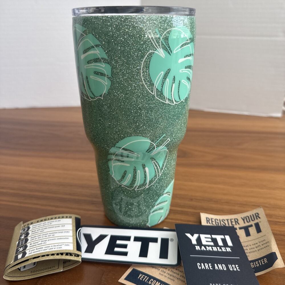 Tropical 30 oz Yeti Rambler Tumbler Custom Green Glitter Leaves ￼